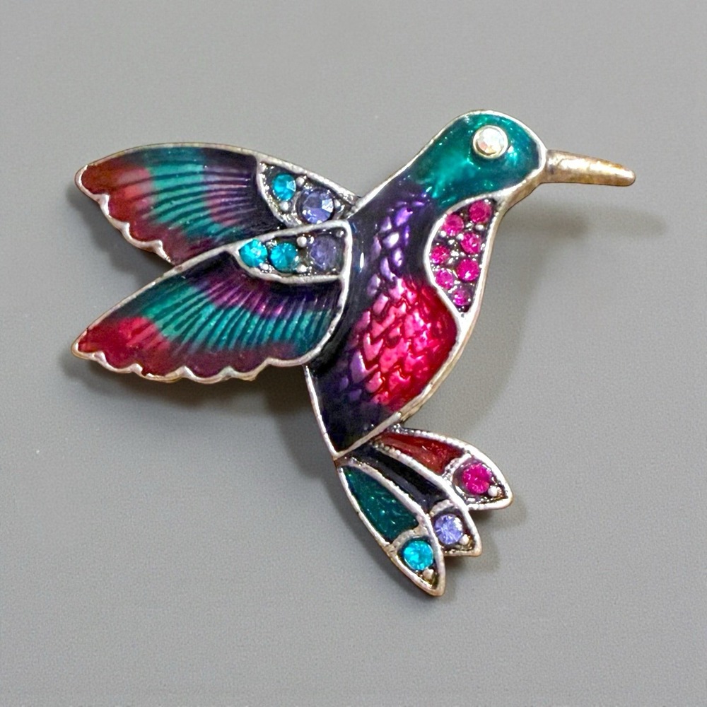 Vintage 1 1/4" Enamel Hummingbird Brooch Pin shades of Green, and Purple